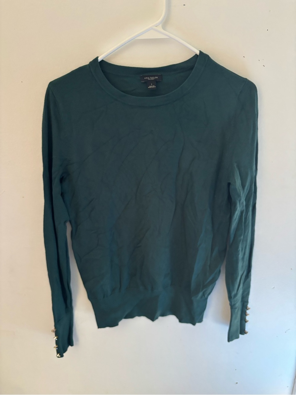Ann Taylor Teal Green Long-Sleeve Crewneck Sweater with Gold Cuff Buttons